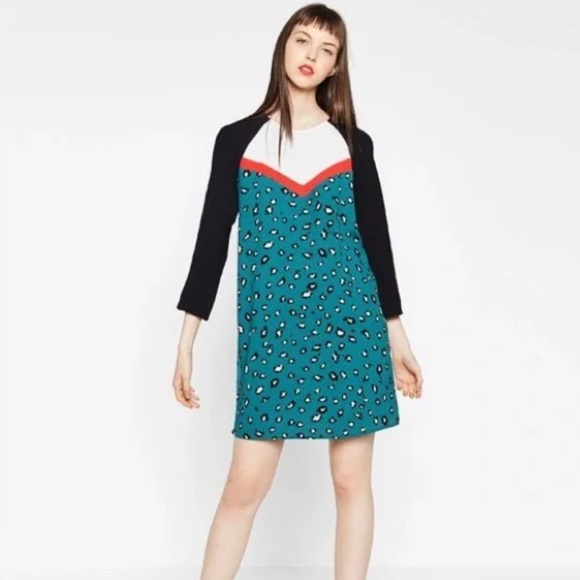 Zara Trafaluc Animal Print Teal Raglan Sleeve Shift Dress Size Small NWT - Picture 1 of 12